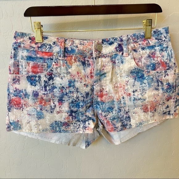 🔴 Top Shop Moto colorful distressed velvet jean shorts, button fly size 28/29(M) - Picture 2 of 13